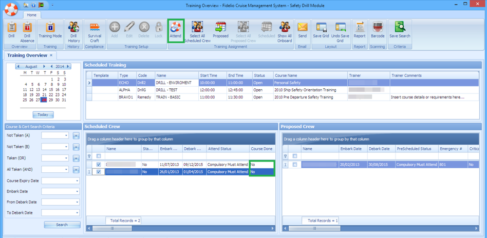 This figure shows the attendance option and course status marked by the trainer at the end of the training drill.