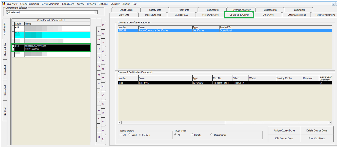 This figure shows the Crew Course and Certificate tab in Crew Handling.