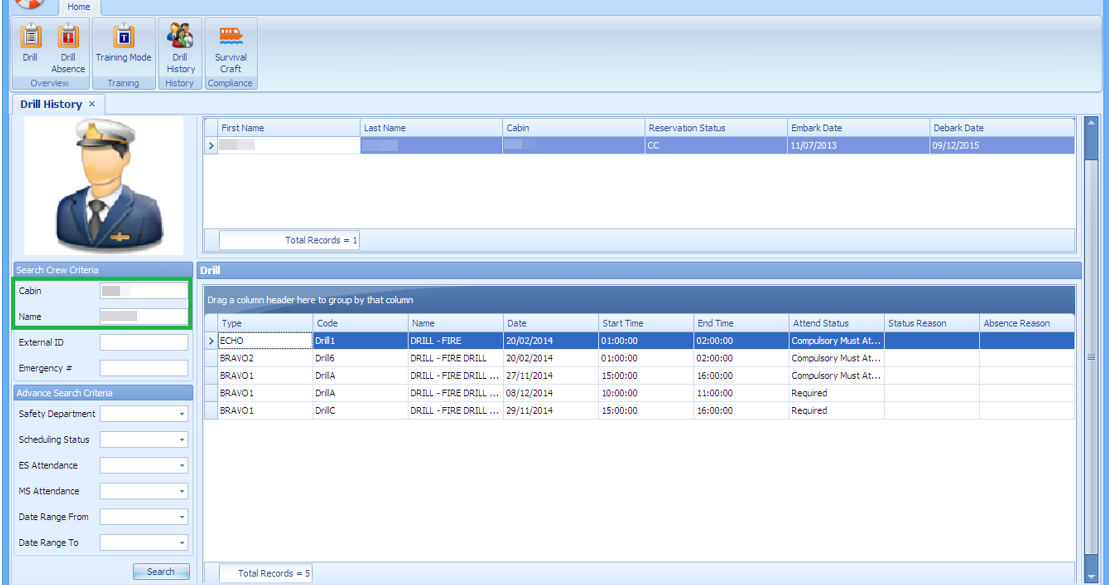 This figures shows the Drill History search function.