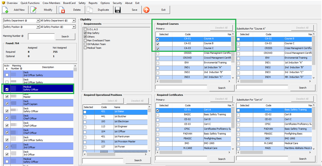 This figure shows the Required Courses options in Crew Safety, Muster List Setup.