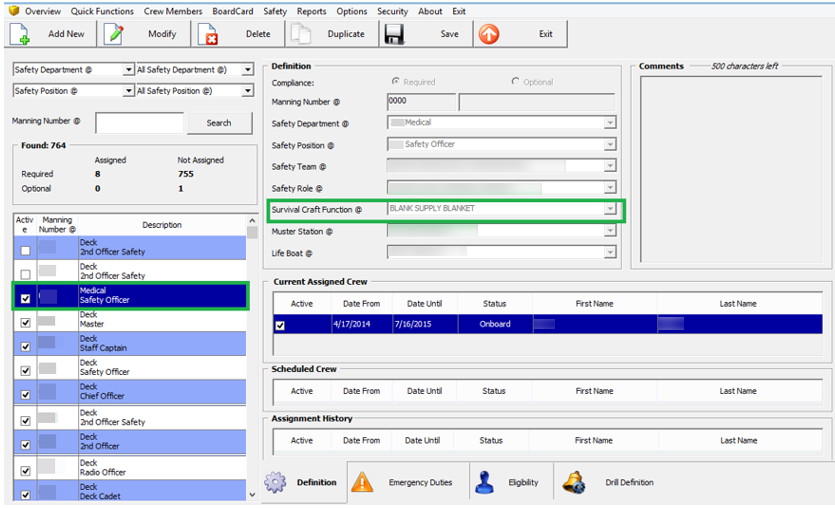 This figure shows the Survival Craft Function field in Crew, Safety Setup, Muster List Setup.