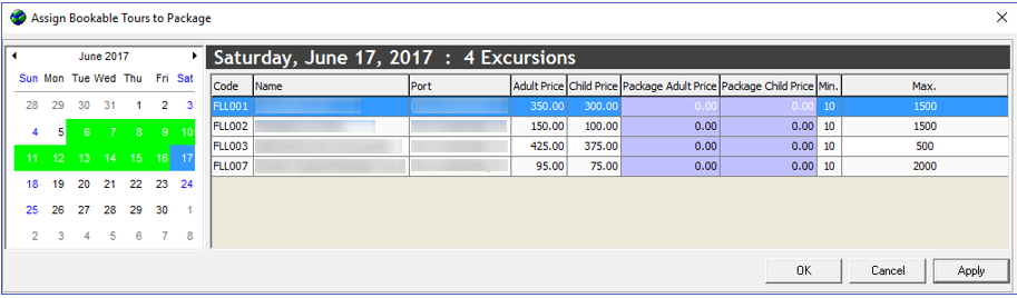 This figure shows the Assign Bookable Tours to Package window, where you assign tours to the bookable package dates.