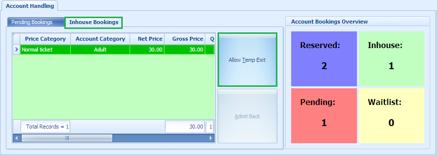 This figure shows the Inhouse Bookings tab where you can change the status to allow temporary exit and readmission of the guest.