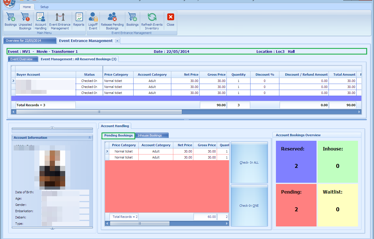 This figure shows the pending bookings in Event Entrance Management.