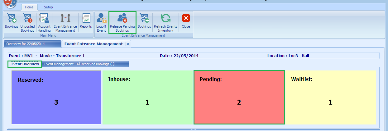 This figure shows an overview of the number of bookings under reserved, inhouse, pending and waitlist in the Release Pending Bookings.