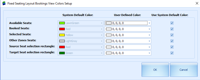 This figure shows the color configuration for Fixed Seating