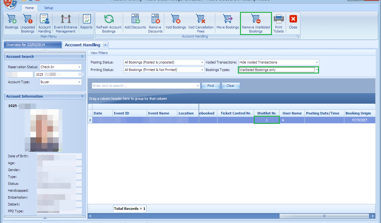 This figure shows the Remove Waitlisted Bookings window and its options.