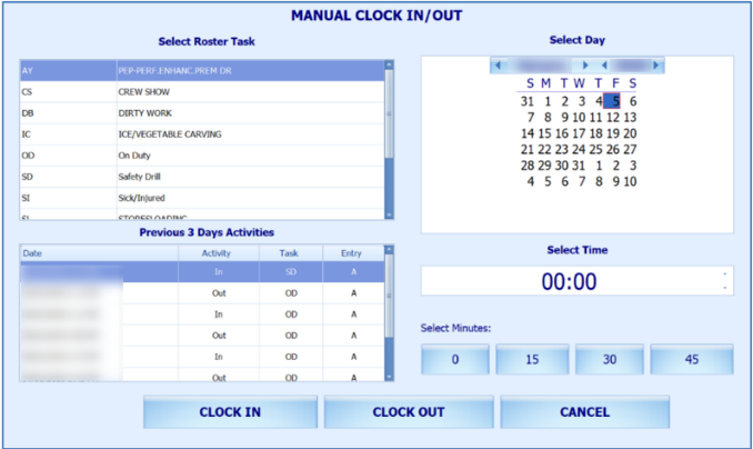 This figure shows the Manual Clock-In/Out window. This figure shows the Manual Clock-In/Out window.