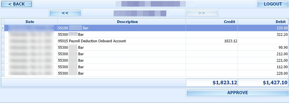 This figure shows the Onboard Charges window, where crew is required to approve. This figure shows the Onboard Charges window, where crew is required to approve.
