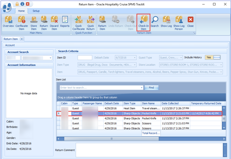 This figure shows the Checked In Item Window