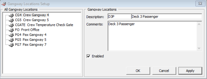 This figure shows the Gangway Location setup window where locations is configured. This figure shows the Gangway Location setup window where locations is configured.