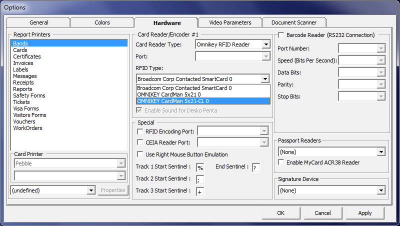 This figure shows the OMNIKEY RFID Reader Setup for RFID Type