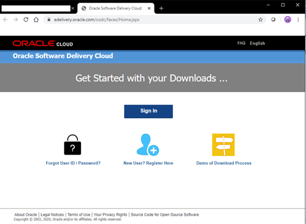 This figure shows the Oracle Software Delivery Cloud webpage.