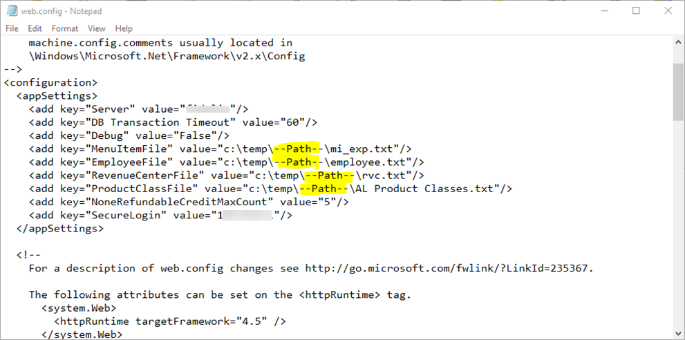 This figure shows the file path configuration for Simphony WebServices.