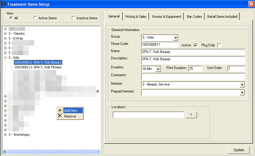 This figure shows the Treatment Items Setup