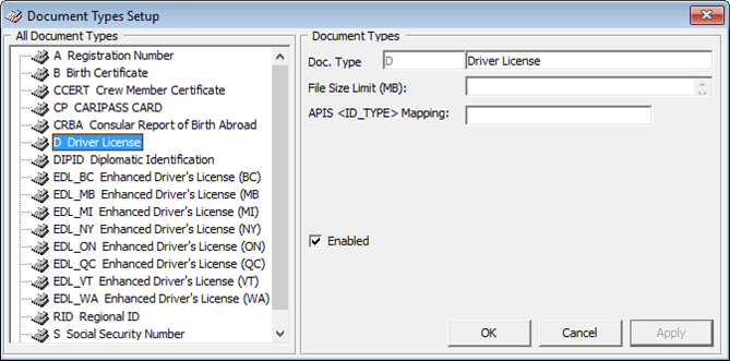 This figure shows Document Types Setup window