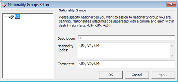 This figure shows Nationality Groups Setup window