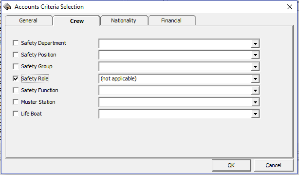 This figure shows the Accounts Selection Criteria — Crew.