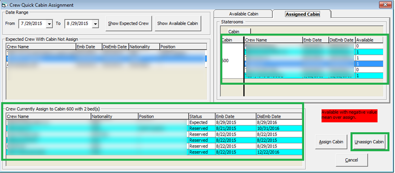 This figure shows the Assigned Cabin Window