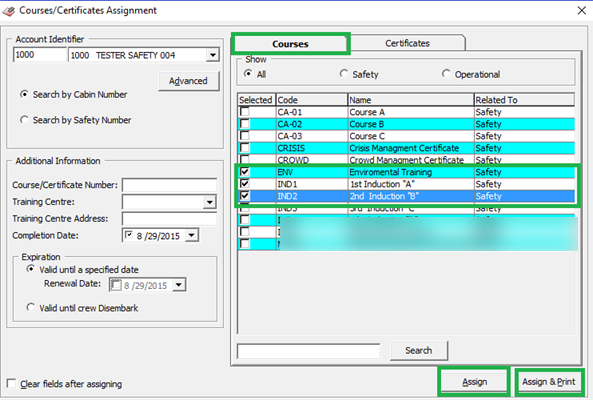 This figure shows the Courses Assignment Window