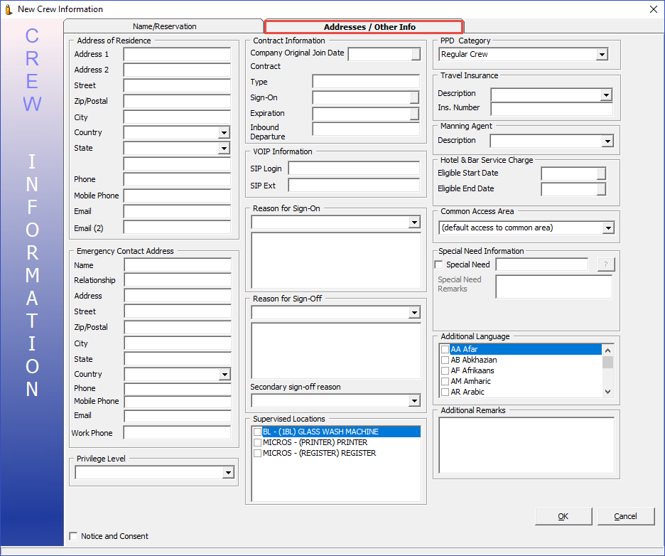 This figure shows the Crew Information Address/Other Info