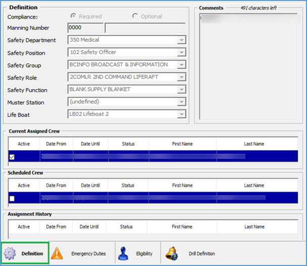 This figure shows the Definition Tab