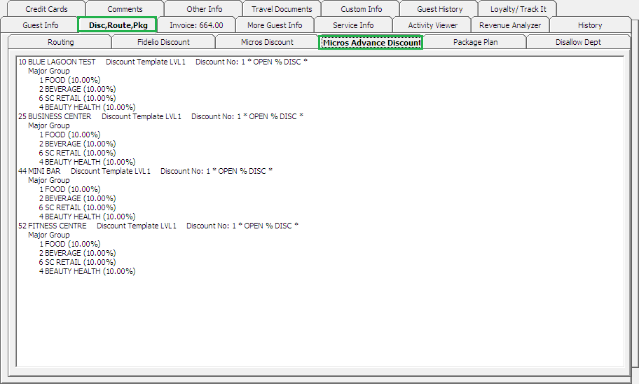 This figure shows the Disc, Route, Pkg — MICROS Advance Discount