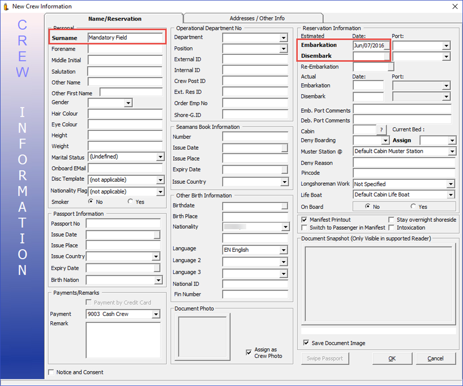 This figure shows the New Crew Information Window