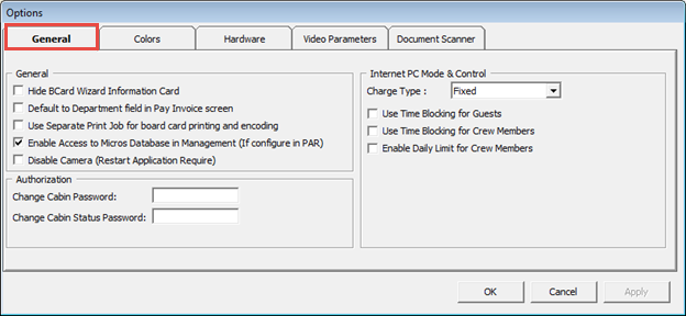 This figure shows the Options Menu — General Tab