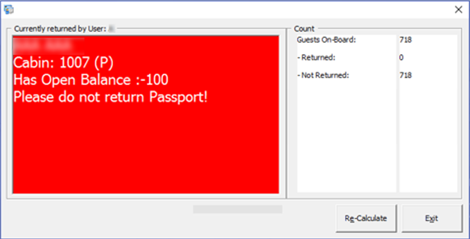 This figure shows the open balance warning when you attempt to return a passport to guest that has an open balance.