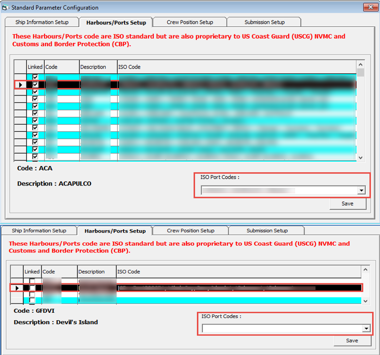 This figure shows the Harbour/Ports Setup window and the ISO Port Codes with corresponding symbols used.