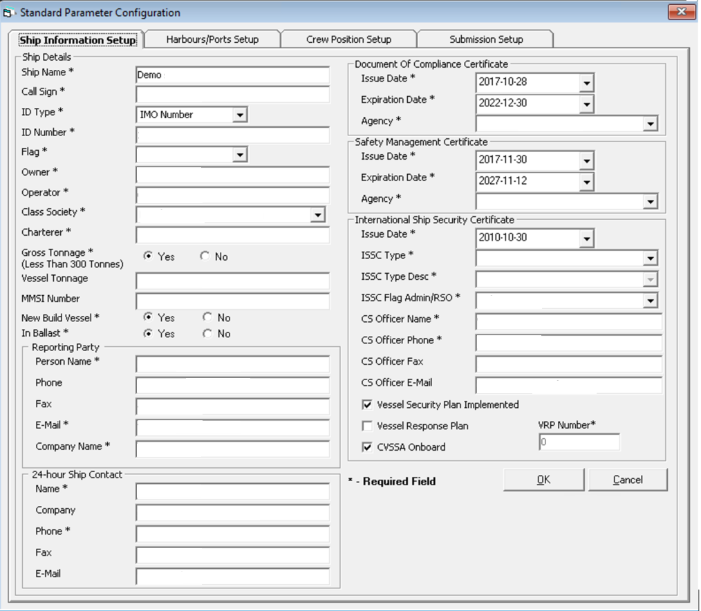 This figure shows the Standard Parameter Configuration window for ENOAD.