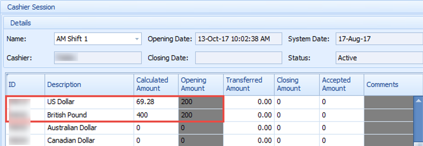 This figure shows the Exchange Transactions with Cashier Session (Balance)