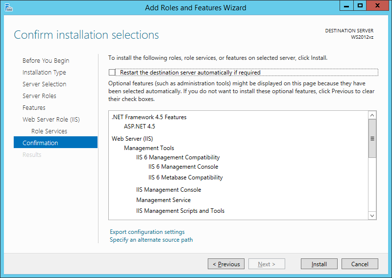 This figure shows the wizard confirmation pages of the selected roles and features