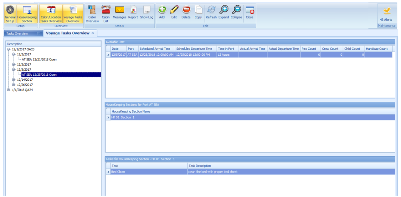 The figure shows the Voyage Tasks Overview window, where you can select a date.