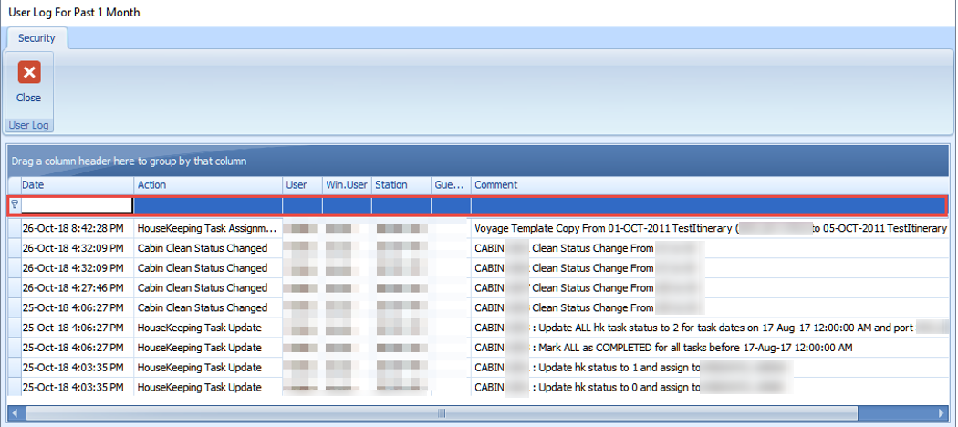 The figure shows the User Log Filter Search.