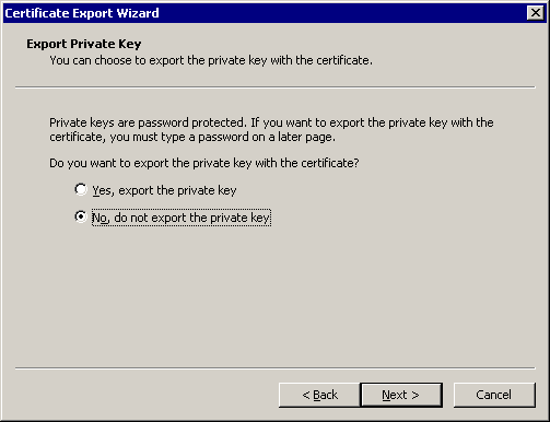 This figure shows the Certificate Export Wizard — Export Private Key
