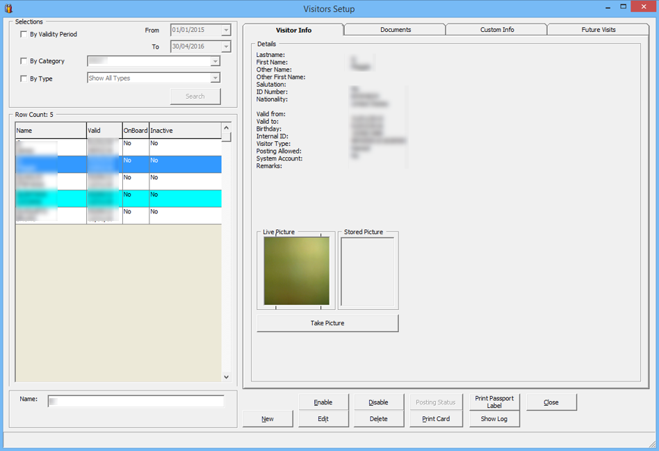 This figure shows the Visitor Setup Window This figure shows the Visitor Setup Window