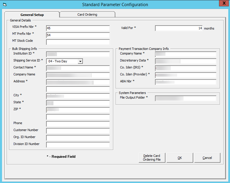 The figure shows the Cashless Payroll Standard Parameter Configuration window.