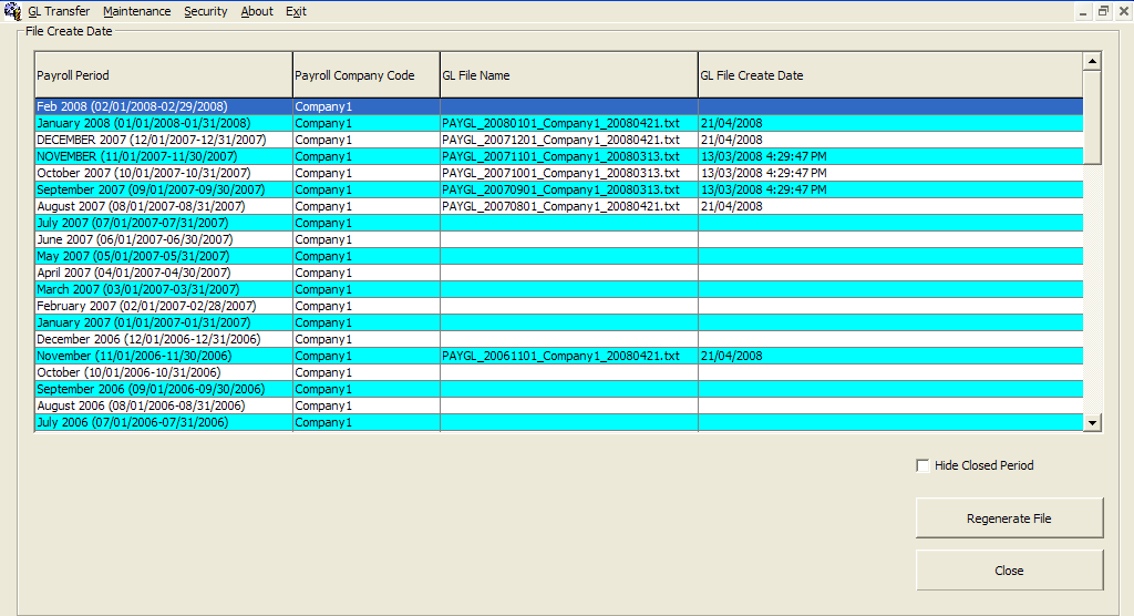 The figure shows the Regenerate GL File screen.