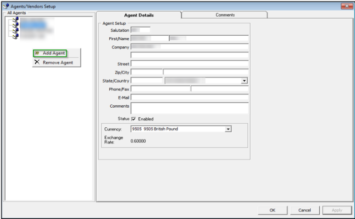 This figure shows the Vendor/Agent Setup window.