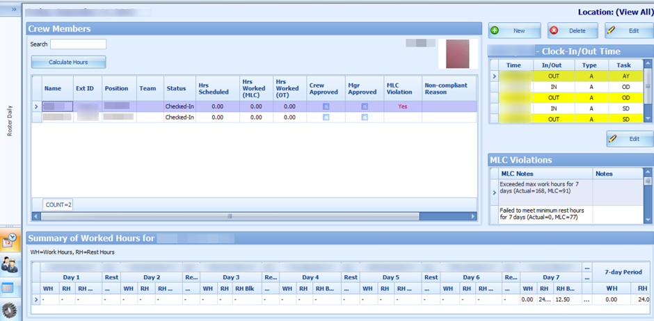 This figure shows the Crew Schedule Approval window in Clock-In/Out Method.