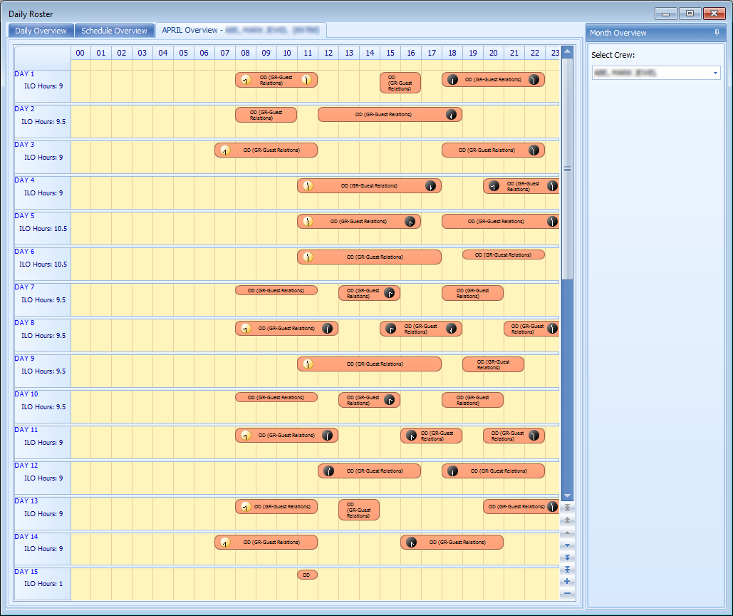 This figure shows the Monthly Overview tab in Roster Daily.