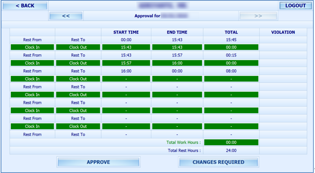 This figure shows the Approve My Daily Hours Window where crew their daily worked hours.