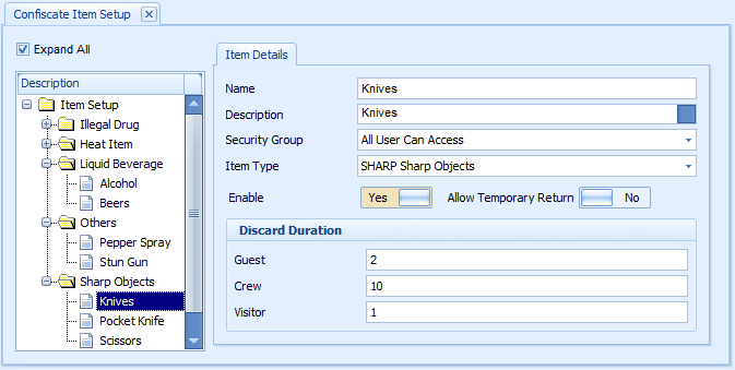 This figure shows Confiscate Item Setup