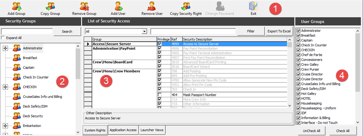 This figure shows the User Security window where permission is assigned.