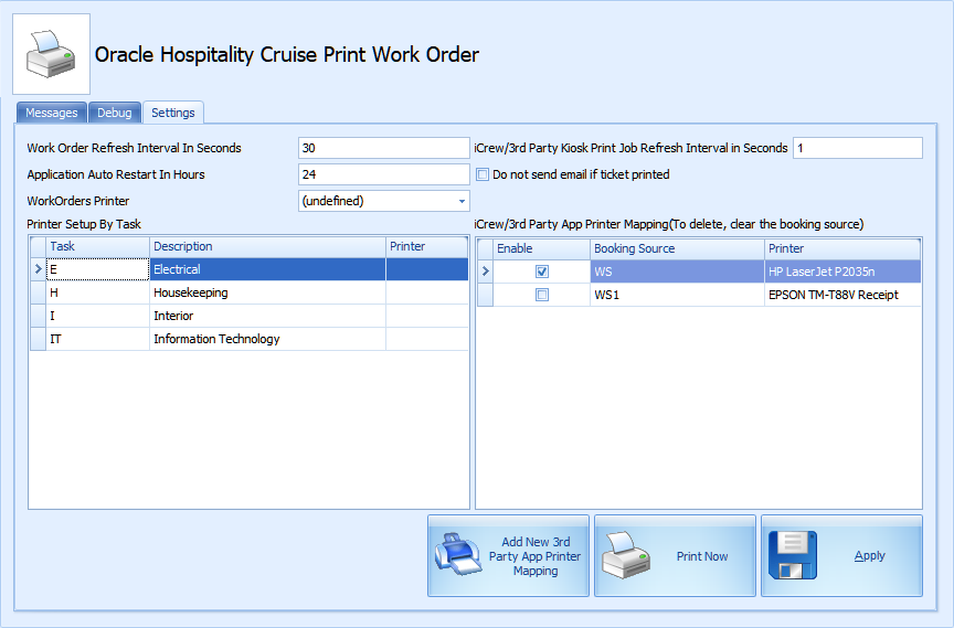 This figure shows the Print Manager Settings for Work Orders