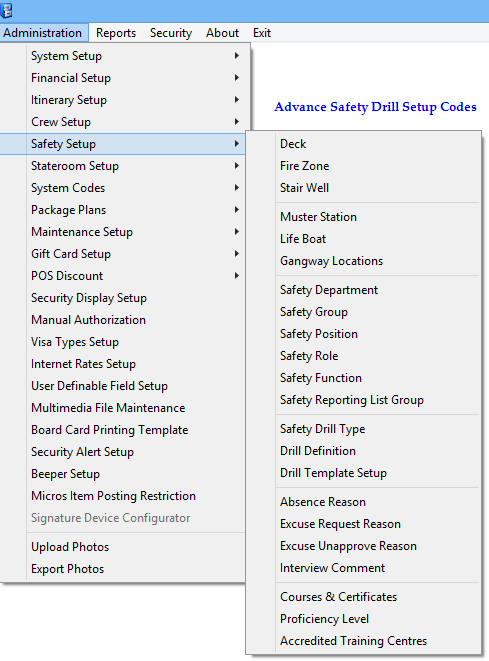 This figure shows the Advance Safety Drill Setup Codes.