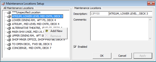 This figure shows the set up window of Maintenance Locations. This figure shows the set up window of Maintenance Locations.