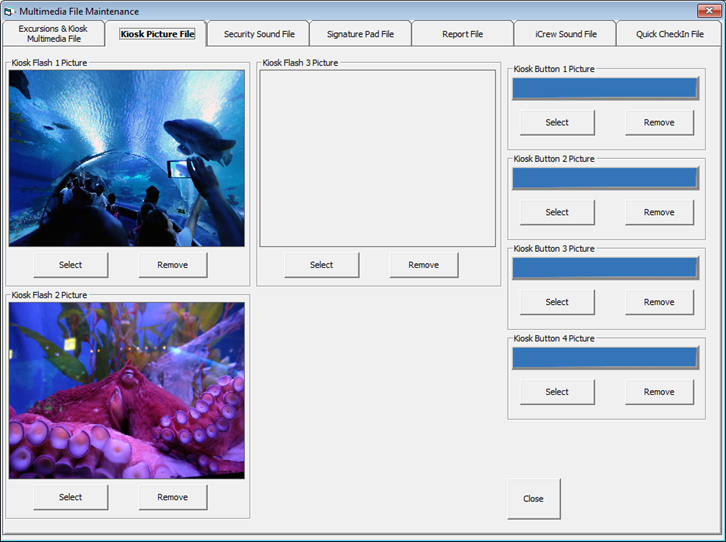This figure shows the set up window for Multimedia Files use in Excursion, Kiosk, Signature Pad, Advance Quick Check-In and many more. This figure shows the set up window for Multimedia Files use in Excursion, Kiosk, Signature Pad, Advance Quick Check-In and many more.